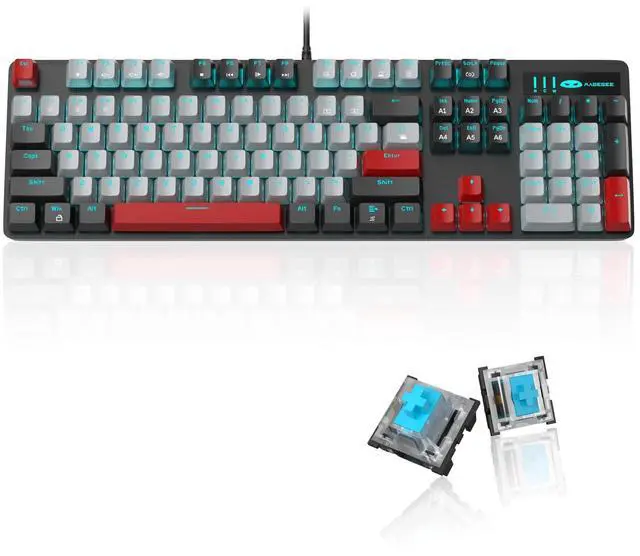 Main image of MageGee Mechanical Gaming Keyboard, New Upgraded 104 Keys Blue Backlit Keyboards with Blue Switches, USB Wired Mechanical Computer Keyboard for Laptop, Desktop, PC Gamers(Black & Gray)