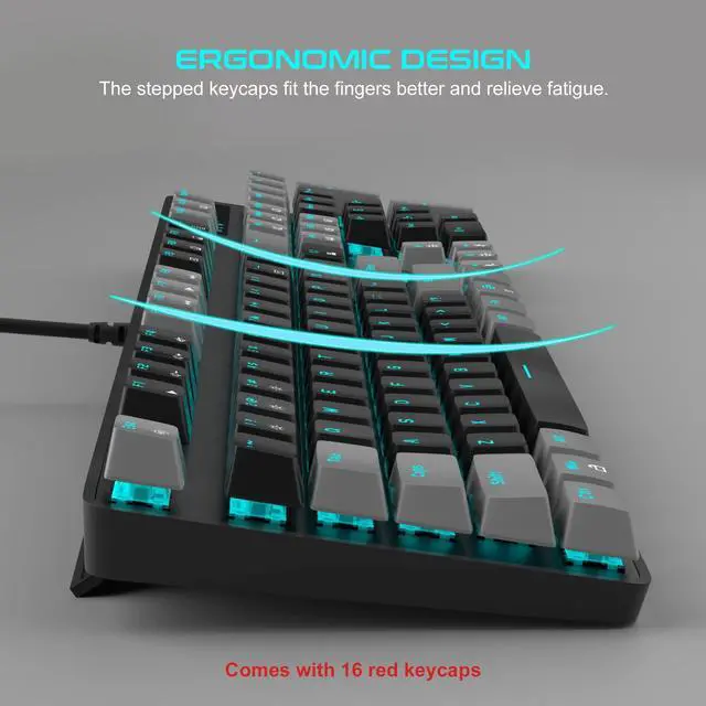 Alt view image 4 of 7 - MageGee Mechanical Gaming Keyboard, 104 Keys Blue Backlit Keyboards with Red Switches Double-Shot Keycaps, USB Wired Mechanical Computer Keyboard for Laptop, Desktop, PC Gamers(Gray & Black)