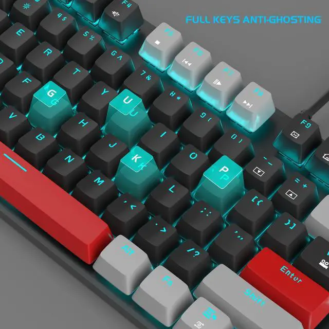 Alt view image 5 of 7 - MageGee Mechanical Gaming Keyboard, 104 Keys Blue Backlit Keyboards with Red Switches Double-Shot Keycaps, USB Wired Mechanical Computer Keyboard for Laptop, Desktop, PC Gamers(Gray & Black)