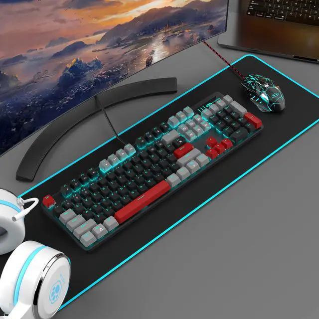 Alt view image 6 of 7 - MageGee Mechanical Gaming Keyboard, 104 Keys Blue Backlit Keyboards with Red Switches Double-Shot Keycaps, USB Wired Mechanical Computer Keyboard for Laptop, Desktop, PC Gamers(Gray & Black)