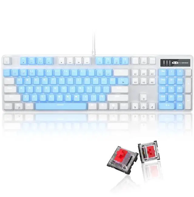 Main image of MageGee Mechanical Gaming Keyboard, 104 Keys White Backlit Mechanical Keyboards with Red Switches & Double-Shot Keycaps, Wired Ergonomic Computer Keyboard for Desktop, PC Gamers (White & Blue)