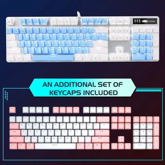 Alt view image 2 of 7 - MageGee Mechanical Gaming Keyboard, 104 Keys White Backlit Mechanical Keyboards with Red Switches & Double-Shot Keycaps, Wired Ergonomic Computer Keyboard for Desktop, PC Gamers (White & Blue)