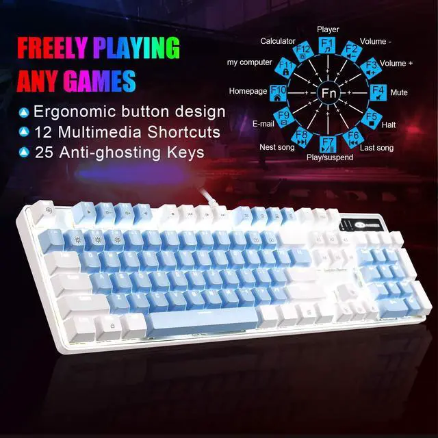 Alt view image 4 of 7 - MageGee Mechanical Gaming Keyboard, 104 Keys White Backlit Mechanical Keyboards with Red Switches & Double-Shot Keycaps, Wired Ergonomic Computer Keyboard for Desktop, PC Gamers (White & Blue)