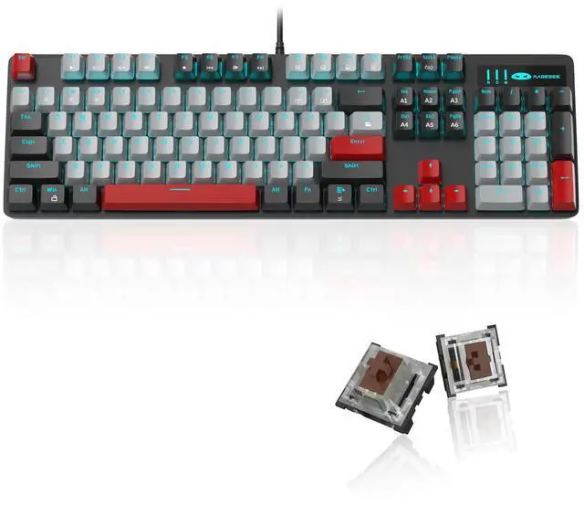 Main image of MageGee Mechanical Gaming Keyboard, 104 Keys Blue Backlit Keyboards with Brown Switches & Double-Shot Keycaps, USB Wired Mechanical Computer Keyboard for Laptop, Desktop, PC Gamers (Black & Gray)