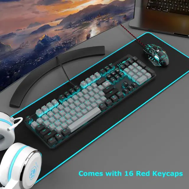 Alt view image 6 of 7 - MageGee Mechanical Gaming Keyboard, 104 Keys Blue Backlit Keyboards with Brown Switches & Double-Shot Keycaps, USB Wired Mechanical Computer Keyboard for Laptop, Desktop, PC Gamers (Black & Gray)