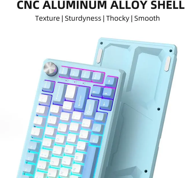 Alt view image 2 of 7 - MageGee Captain75 Wireless Mechanical Keyboard, 75% Hot Swappable Creamy Gaming Keyboard with Knob, CNC Aluminium Case, 5-Layer Sound Dampening, RGB Backlit, BT/2.4G/USB-C for Win/Mac (Ice Sea Blue)