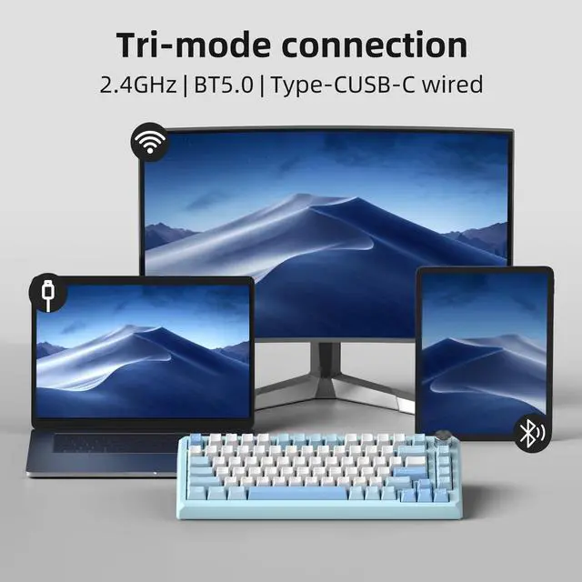 Alt view image 3 of 7 - MageGee Captain75 Wireless Mechanical Keyboard, 75% Hot Swappable Creamy Gaming Keyboard with Knob, CNC Aluminium Case, 5-Layer Sound Dampening, RGB Backlit, BT/2.4G/USB-C for Win/Mac (Ice Sea Blue)