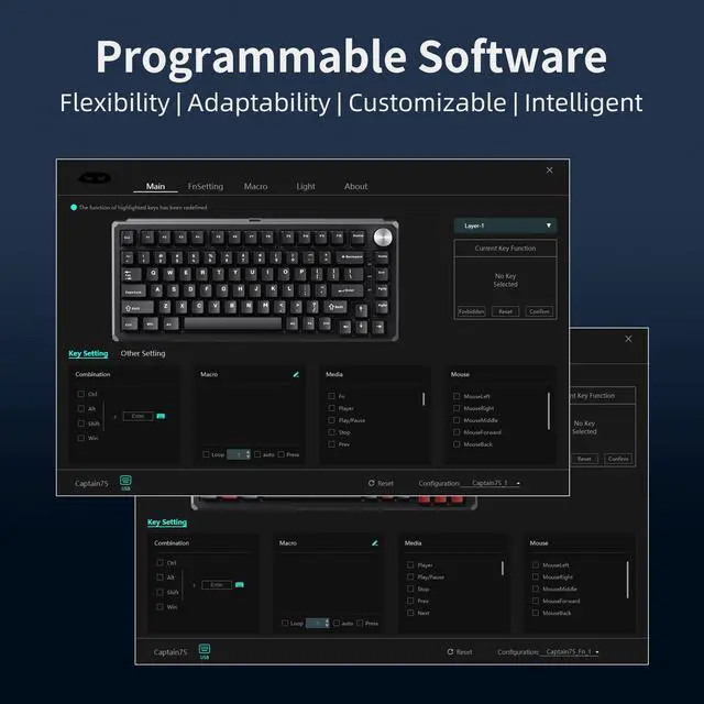 Alt view image 7 of 7 - MageGee Captain75 Wireless Mechanical Keyboard, 75% Hot Swappable Creamy Gaming Keyboard with Knob, CNC Aluminium Case, 5-Layer Sound Dampening, RGB Backlit, BT/2.4G/USB-C for Win/Mac (Ice Sea Blue)