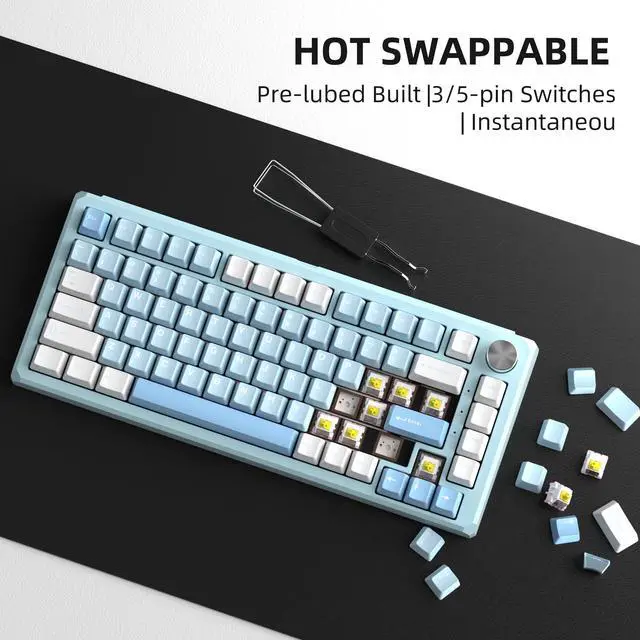 Alt view image 5 of 7 - MageGee Captain75 Wireless Mechanical Keyboard, 75% Hot Swappable Creamy Gaming Keyboard with Knob, CNC Aluminium Case, 5-Layer Sound Dampening, RGB Backlit, BT/2.4G/USB-C for Win/Mac (Ice Sea Blue)