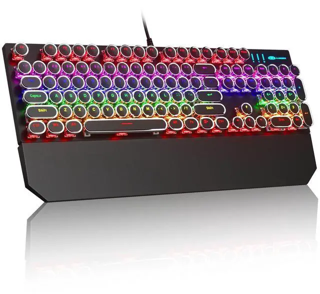 Main image of MageGee Typewriter Mechanical Gaming Keyboard, Retro Black Punk Round Keycaps RGB Rainbow Backlit Wired Keyboards for Laptop MAC PC Gamer, with Magnetic Wrist Rest - Blue Switch