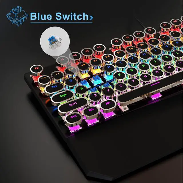 Alt view image 5 of 7 - MageGee Typewriter Mechanical Gaming Keyboard, Retro Black Punk Round Keycaps RGB Rainbow Backlit Wired Keyboards for Laptop MAC PC Gamer, with Magnetic Wrist Rest - Blue Switch