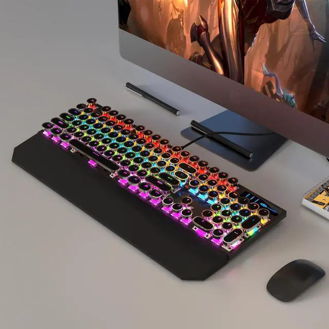 Alt view image 6 of 7 - MageGee Typewriter Mechanical Gaming Keyboard, Retro Black Punk Round Keycaps RGB Rainbow Backlit Wired Keyboards for Laptop MAC PC Gamer, with Magnetic Wrist Rest - Blue Switch