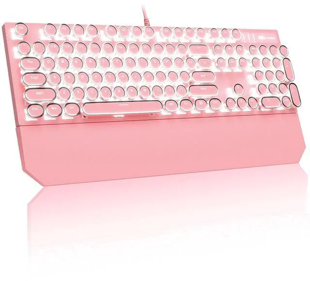 Main image of MageGee Typewriter Mechanical Gaming Keyboard, Retro Punk Pink Round Keycaps, 104 Keys LED White Backlit Wired Keyboards for Laptop MAC PC Gamer, with Magnetic Wrist Rest, Blue Switch