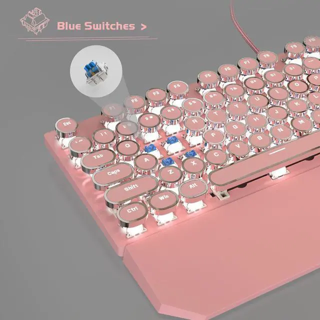 Alt view image 6 of 7 - MageGee Typewriter Mechanical Gaming Keyboard, Retro Punk Pink Round Keycaps, 104 Keys LED White Backlit Wired Keyboards for Laptop MAC PC Gamer, with Magnetic Wrist Rest, Blue Switch