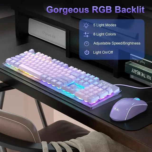 Alt view image 3 of 7 - Gaming Keyboard and Mouse Combo, K1 RGB LED Backlit Wired Keyboard with 104 Key Computer PC Gaming Keyboard for PC/Laptop (Purple)