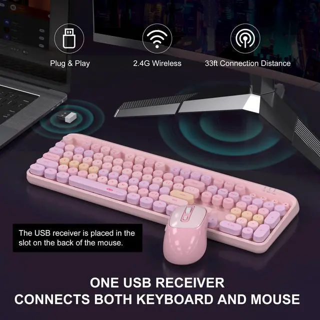 Alt view image 2 of 6 - MageGee V920 Wireless Keyboard and Mouse Combo, 2.4G Full-Sized Retro Typewriter Keyboard with Round Keycaps & Auto-Sleep Mode, Cute Computer Keyboard and Cordless Optical Mouse for Laptop/PC (Pink)