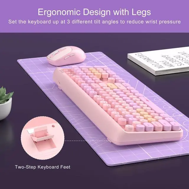 Alt view image 5 of 6 - MageGee V920 Wireless Keyboard and Mouse Combo, 2.4G Full-Sized Retro Typewriter Keyboard with Round Keycaps & Auto-Sleep Mode, Cute Computer Keyboard and Cordless Optical Mouse for Laptop/PC (Pink)