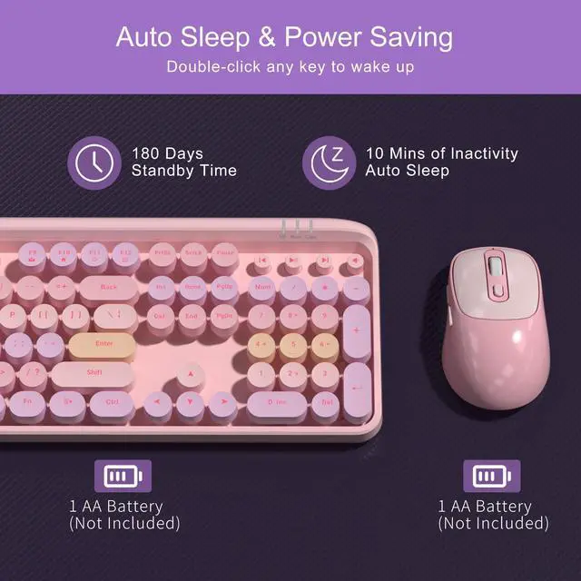 Alt view image 4 of 6 - MageGee V920 Wireless Keyboard and Mouse Combo, 2.4G Full-Sized Retro Typewriter Keyboard with Round Keycaps & Auto-Sleep Mode, Cute Computer Keyboard and Cordless Optical Mouse for Laptop/PC (Pink)