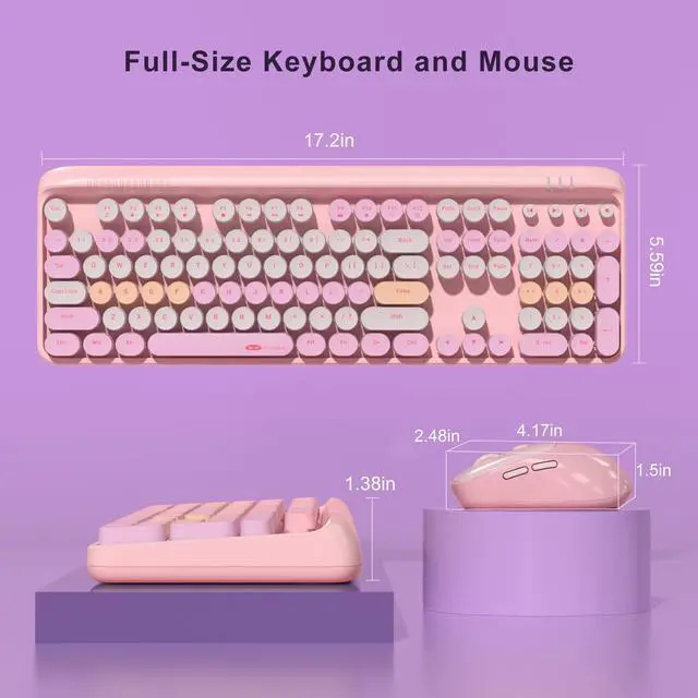 Alt view image 6 of 6 - MageGee V920 Wireless Keyboard and Mouse Combo, 2.4G Full-Sized Retro Typewriter Keyboard with Round Keycaps & Auto-Sleep Mode, Cute Computer Keyboard and Cordless Optical Mouse for Laptop/PC (Pink)