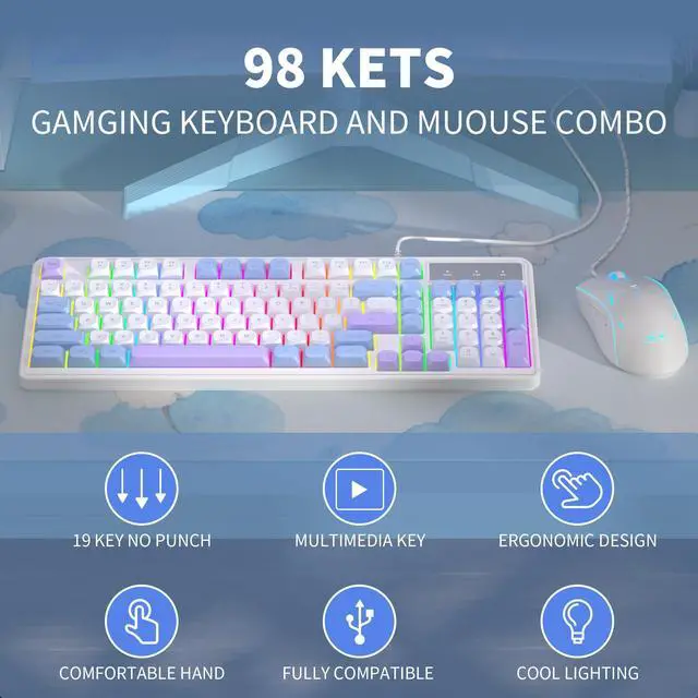 Alt view image 2 of 7 - Wire Gaming Keyboard,Creamy Keyboard and Mouse Combo, 7 Colorful Rainbow Backlight Classic Gaming Keyboard (White & Blue & Purple)