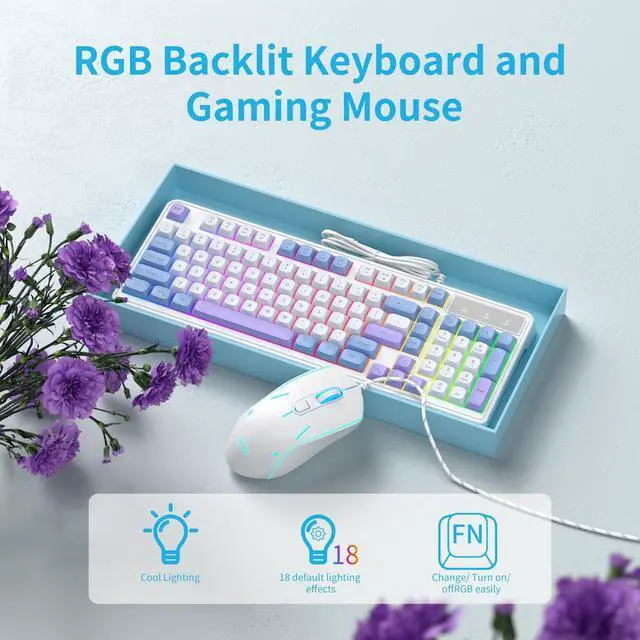 Alt view image 7 of 7 - Wire Gaming Keyboard,Creamy Keyboard and Mouse Combo, 7 Colorful Rainbow Backlight Classic Gaming Keyboard (White & Blue & Purple)
