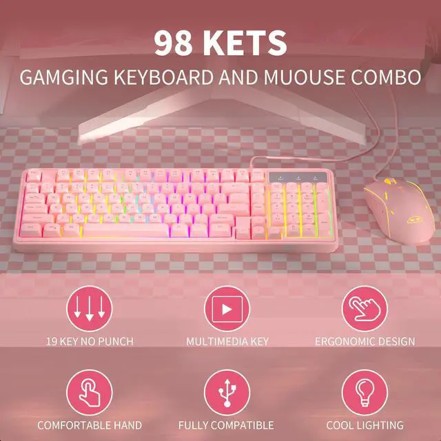 Alt view image 3 of 7 - Pink Creamy Keyboard and Mouse Combo,MageGee GK980 Wired RGB Backlit Keyboard and Pink Gaming Mouse Combo,PC Keyboard and Adjustable Sensitivity Mouse for PC/loptop/MAC