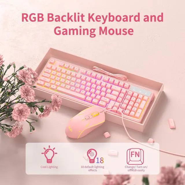 Alt view image 7 of 7 - Pink Creamy Keyboard and Mouse Combo,MageGee GK980 Wired RGB Backlit Keyboard and Pink Gaming Mouse Combo,PC Keyboard and Adjustable Sensitivity Mouse for PC/loptop/MAC