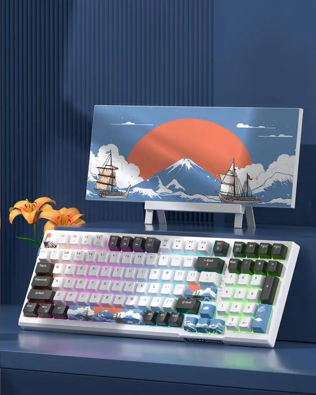 Alt view image 2 of 7 - MageGee SKY98 Wireless Gasket Mechanical Gaming Keyboard, 96% Hot Swappable RGB Custom Creamy Keyboard with 5-Layer Sound Padding, BT/2.4G/USB-C, NKRO for Win/Mac (Waves, Blue Whale Switch)