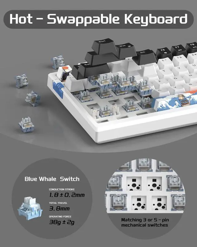 Alt view image 6 of 7 - MageGee SKY98 Wireless Gasket Mechanical Gaming Keyboard, 96% Hot Swappable RGB Custom Creamy Keyboard with 5-Layer Sound Padding, BT/2.4G/USB-C, NKRO for Win/Mac (Waves, Blue Whale Switch)