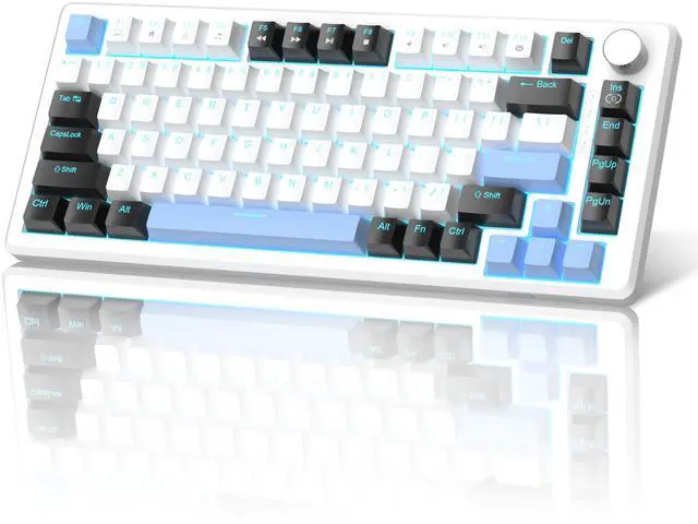 Main image of MageGee 75% Mechanical Gaming Keyboard, Compact Blue Backlit Wired Gaming Keyboards with Brown Switches, EVA Foam, Knob Control, STAR75 Portable NKRO PC Gaming Keyboard - White & Blue
