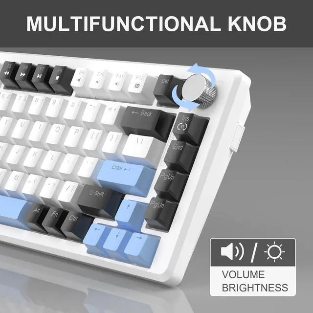 Alt view image 4 of 7 - MageGee 75% Mechanical Gaming Keyboard, Compact Blue Backlit Wired Gaming Keyboards with Brown Switches, EVA Foam, Knob Control, STAR75 Portable NKRO PC Gaming Keyboard - White & Blue