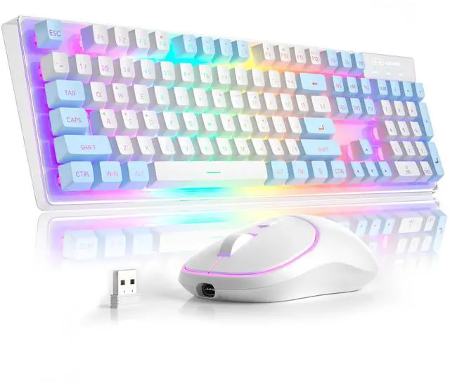 Main image of MageGee V550 Wireless Gaming Keyboard and Mouse, 2.4G Full-Sized RGB LED Computer Keyboards with Transparent Shell, Rechargeable Quiet Cordless Mouse & Keyboard Combo for Laptop/PC (Blue & White)