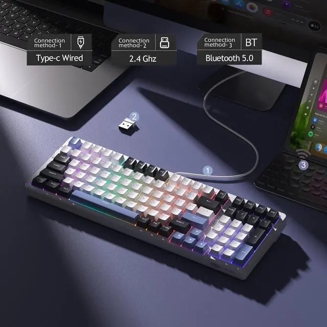 Alt view image 2 of 7 - MageGee LIGHT100 Wireless Creamy Keyboard, Gasket Structure Hot Swappable, Tri-Mode 2.4G/USB-C/BT5.0 RGB Backlit Mechanical Gaming Keyboard for Win/Mac/PC, PBT Keycap, 4000mAh Battery, Blue