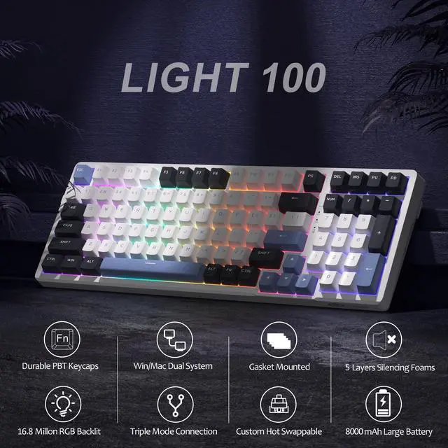Alt view image 3 of 7 - MageGee LIGHT100 Wireless Creamy Keyboard, Gasket Structure Hot Swappable, Tri-Mode 2.4G/USB-C/BT5.0 RGB Backlit Mechanical Gaming Keyboard for Win/Mac/PC, PBT Keycap, 4000mAh Battery, Blue