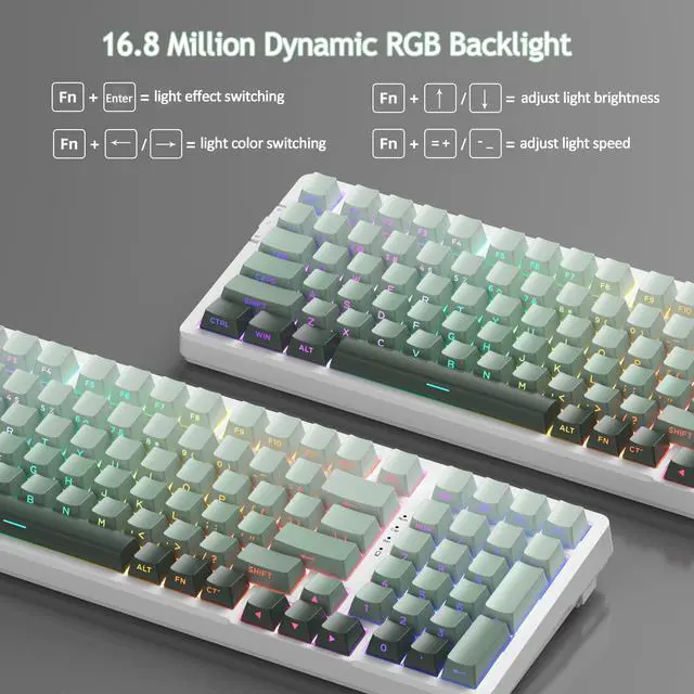 Alt view image 5 of 7 - MageGee LIGHT100 Wireless Creamy Keyboard, Gasket Structure Hot Swappable, 2.4G/USB-C/BT5.0 RGB Backlit Mechanical Gaming Keyboard for Win/Mac/PC, 8000mAh Battery, Side Printed PBT Keycap, Green