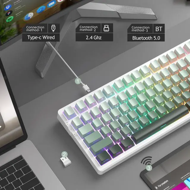 Alt view image 2 of 7 - MageGee LIGHT100 Wireless Creamy Keyboard, Gasket Structure Hot Swappable, 2.4G/USB-C/BT5.0 RGB Backlit Mechanical Gaming Keyboard for Win/Mac/PC, 8000mAh Battery, Side Printed PBT Keycap, Green