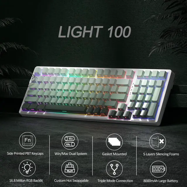 Alt view image 3 of 7 - MageGee LIGHT100 Wireless Creamy Keyboard, Gasket Structure Hot Swappable, 2.4G/USB-C/BT5.0 RGB Backlit Mechanical Gaming Keyboard for Win/Mac/PC, 8000mAh Battery, Side Printed PBT Keycap, Green