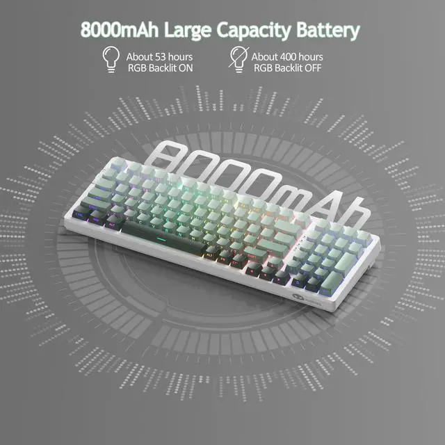 Alt view image 6 of 7 - MageGee LIGHT100 Wireless Creamy Keyboard, Gasket Structure Hot Swappable, 2.4G/USB-C/BT5.0 RGB Backlit Mechanical Gaming Keyboard for Win/Mac/PC, 8000mAh Battery, Side Printed PBT Keycap, Green
