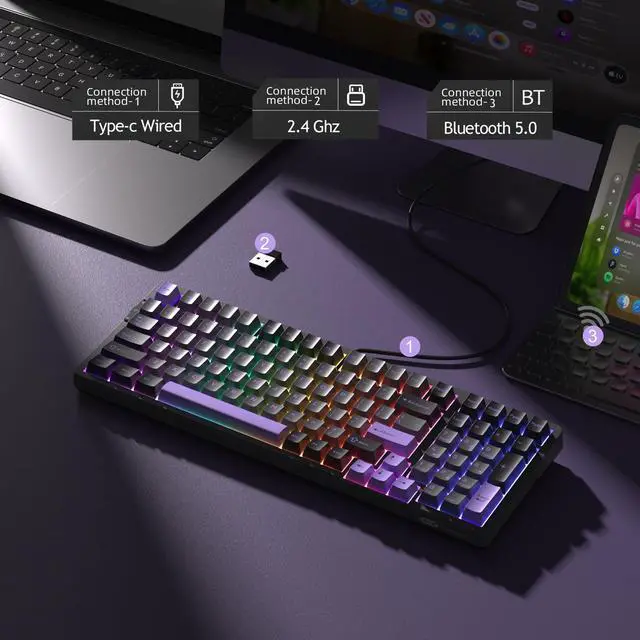 Alt view image 2 of 7 - MageGee LIGHT100 Wireless Creamy Keyboard, Gasket Structure Hot Swappable, Tri-Mode 2.4G/USB-C/BT5.0 RGB Backlit Mechanical Gaming Keyboard for Win/Mac/PC, PBT Keycap, 4000mAh Battery, Purple