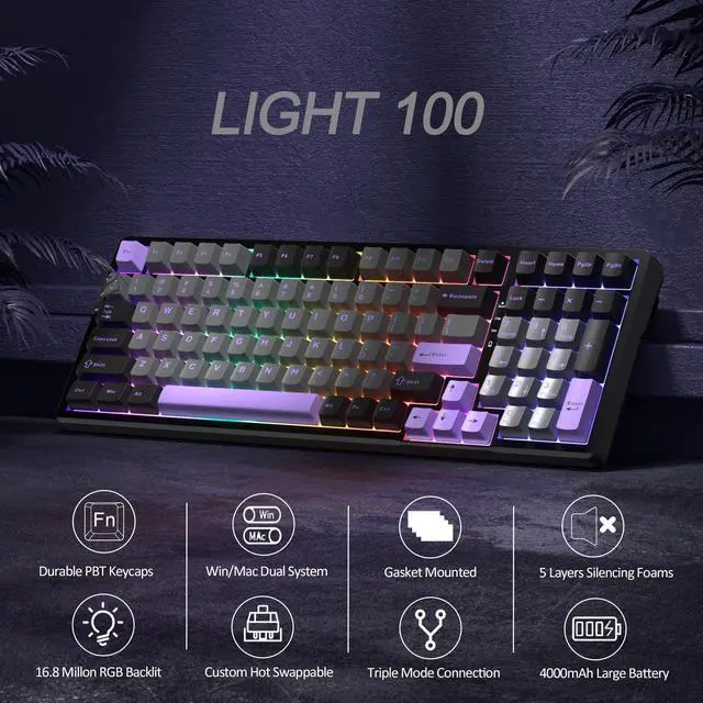 Alt view image 3 of 7 - MageGee LIGHT100 Wireless Creamy Keyboard, Gasket Structure Hot Swappable, Tri-Mode 2.4G/USB-C/BT5.0 RGB Backlit Mechanical Gaming Keyboard for Win/Mac/PC, PBT Keycap, 4000mAh Battery, Purple