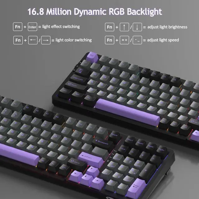 Alt view image 5 of 7 - MageGee LIGHT100 Wireless Creamy Keyboard, Gasket Structure Hot Swappable, Tri-Mode 2.4G/USB-C/BT5.0 RGB Backlit Mechanical Gaming Keyboard for Win/Mac/PC, PBT Keycap, 4000mAh Battery, Purple
