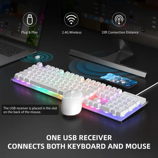 Alt view image 2 of 7 - MageGee V550 Wireless Gaming Keyboard and Mouse, 2.4G Full-Sized RGB LED Computer Keyboards with Transparent Shell, Rechargeable Quiet Cordless Mouse & Keyboard Combo for Laptop/PC/Desktop (White)