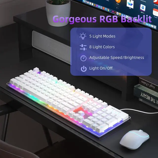 Alt view image 4 of 7 - MageGee V550 Wireless Gaming Keyboard and Mouse, 2.4G Full-Sized RGB LED Computer Keyboards with Transparent Shell, Rechargeable Quiet Cordless Mouse & Keyboard Combo for Laptop/PC/Desktop (White)