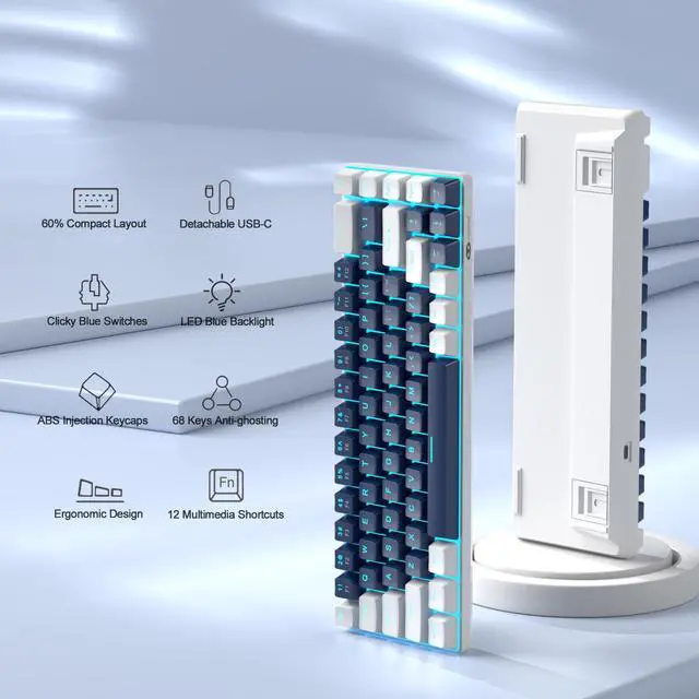 Alt view image 2 of 7 - MageGee Portable 60% Mechanical Gaming Keyboard, MK-Box LED Backlit Compact 68 Keys Mini Wired Office Keyboard with Blue Switch for Windows Laptop PC Mac - Blue/White