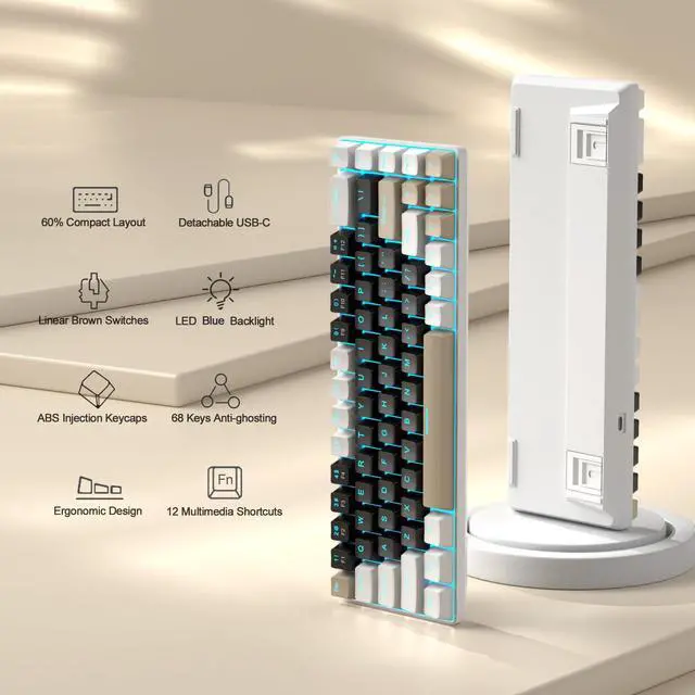 Alt view image 2 of 7 - MageGee Portable 60% Mechanical Gaming Keyboard, MK-Box LED Backlit Compact 68 Keys Mini Wired Office Keyboard with Brown Switch for Windows Laptop PC Mac - Black/Coffee Color