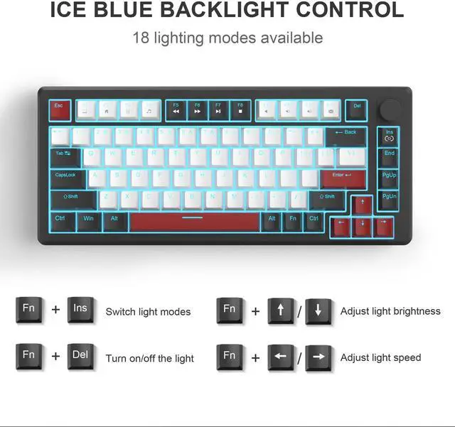 Alt view image 2 of 7 - MageGee 75% Mechanical Gaming Keyboard, Compact Blue Backlit Wired Gaming Keyboards with Red Switches, EVA Foam, Knob Control, STAR75 Portable NKRO PC Gaming Keyboard - Black & White