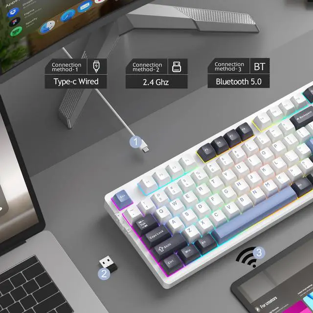Alt view image 2 of 7 - MageGee LIGHT87 Wireless Creamy Keyboard, Gasket Structure Hot Swappable Mechanical Keyboards, 2.4G/USB-C/BT5.0 RGB Backlit Gaming Keyboard for Win/Mac/PC, 8000mAh Battery, PBT Keycaps, Blue