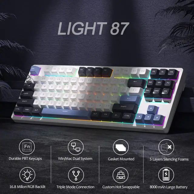 Alt view image 3 of 7 - MageGee LIGHT87 Wireless Creamy Keyboard, Gasket Structure Hot Swappable Mechanical Keyboards, 2.4G/USB-C/BT5.0 RGB Backlit Gaming Keyboard for Win/Mac/PC, 8000mAh Battery, PBT Keycaps, Blue