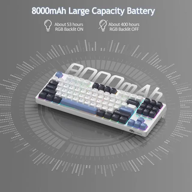 Alt view image 6 of 7 - MageGee LIGHT87 Wireless Creamy Keyboard, Gasket Structure Hot Swappable Mechanical Keyboards, 2.4G/USB-C/BT5.0 RGB Backlit Gaming Keyboard for Win/Mac/PC, 8000mAh Battery, PBT Keycaps, Blue