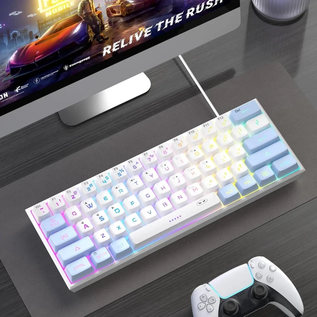 Alt view image 5 of 7 - MageGee TS91 60% Mini Gaming Keyboard, RGB Backlit 61-Key Ultra-Compact Membrane Keyboard, Mechanical Feeling, Waterproof, Ergonomic for PC Mac PS4 Xbox One - Blue White